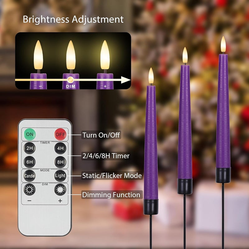 AFINETH Purple Flameless Taper Candles with 3D Wick, 9.6" Real Wax LED Candles with Remote, 3 Pack Flickering Candlesticks Battery Operated, Classic Tall Taper Candle for Home, Wedding, Party - Image 3